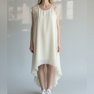 Marciano Ivory Textured Satin Lace Sleeve High Low Shift Dress